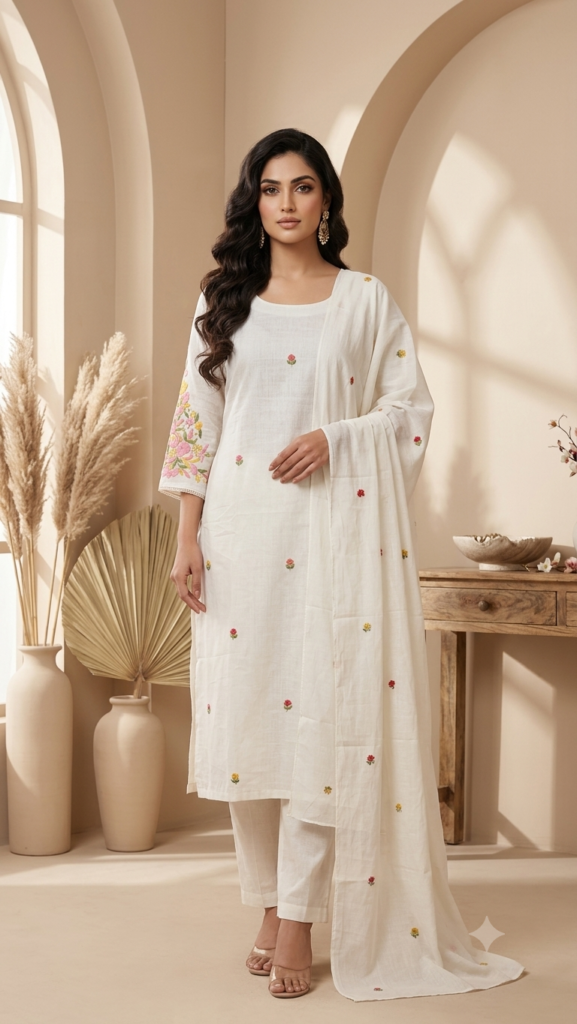 Ivory Floral Embroidered Straight Suit Set with Dupatta
