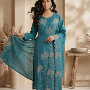 Teal Blue Floral Embroidered Straight Suit Set with