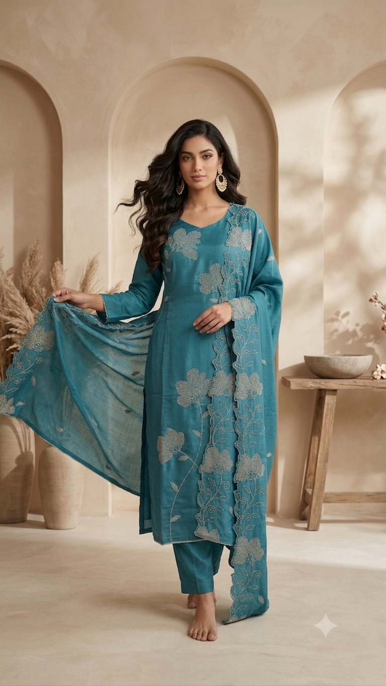 Teal Blue Floral Embroidered Straight Suit Set with