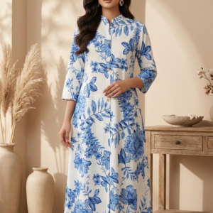 Ivory Blue Floral Printed Straight Suit Set