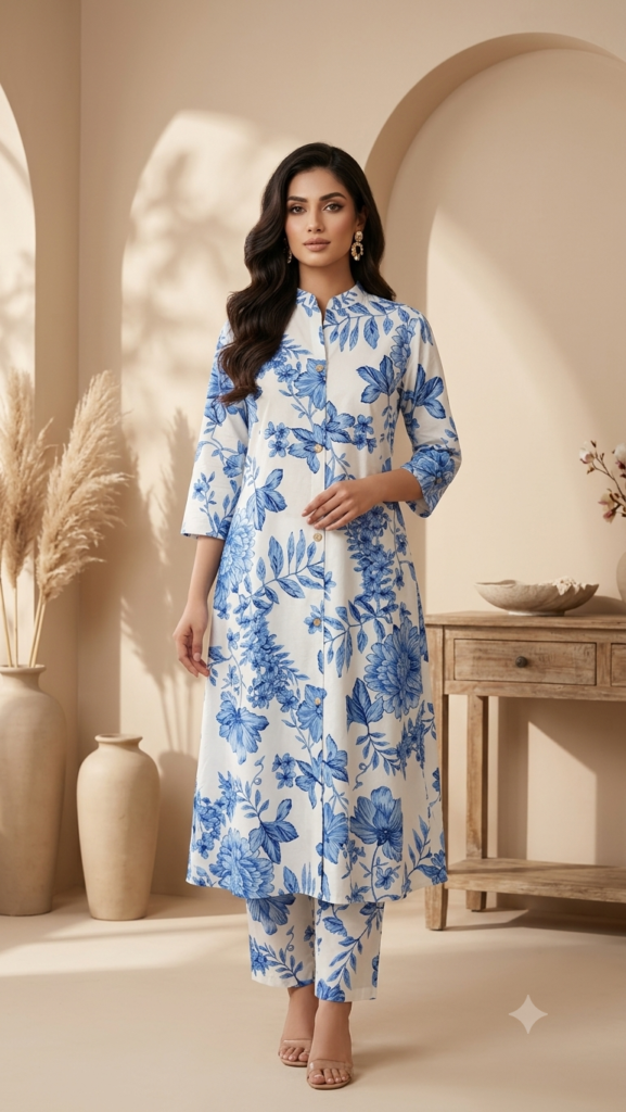 Ivory Blue Floral Printed Straight Suit Set