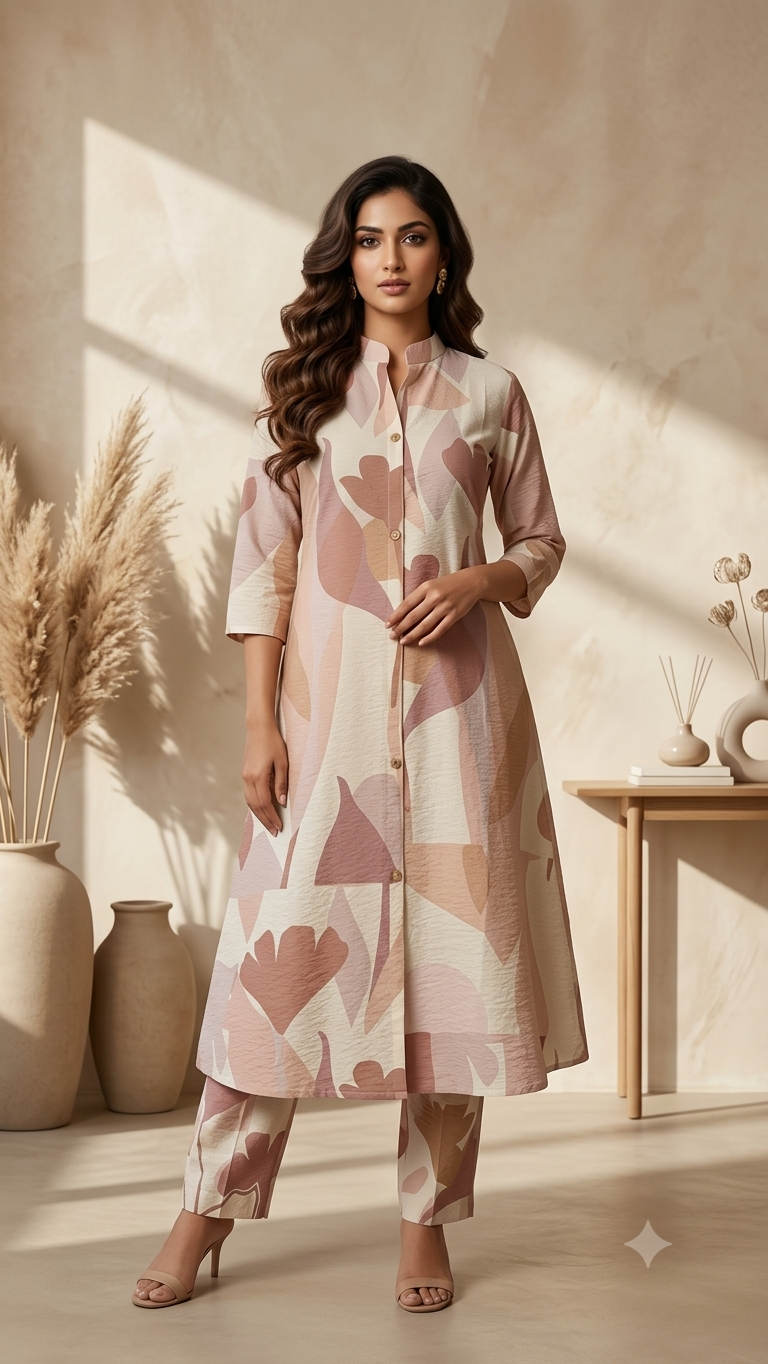 Blush Beige Abstract Printed A-Line Kurta Set