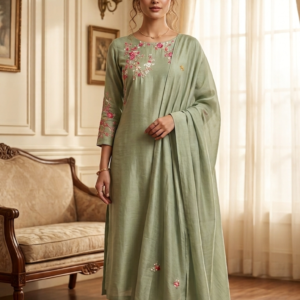 Sage Green Floral Embroidered Straight Suit Set