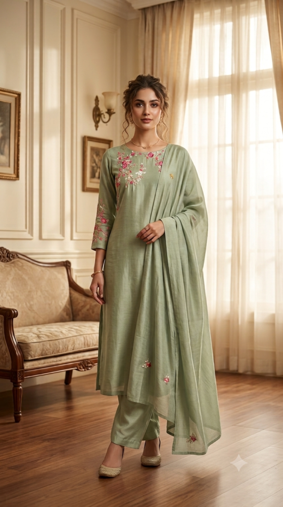 Sage Green Floral Embroidered Straight Suit Set
