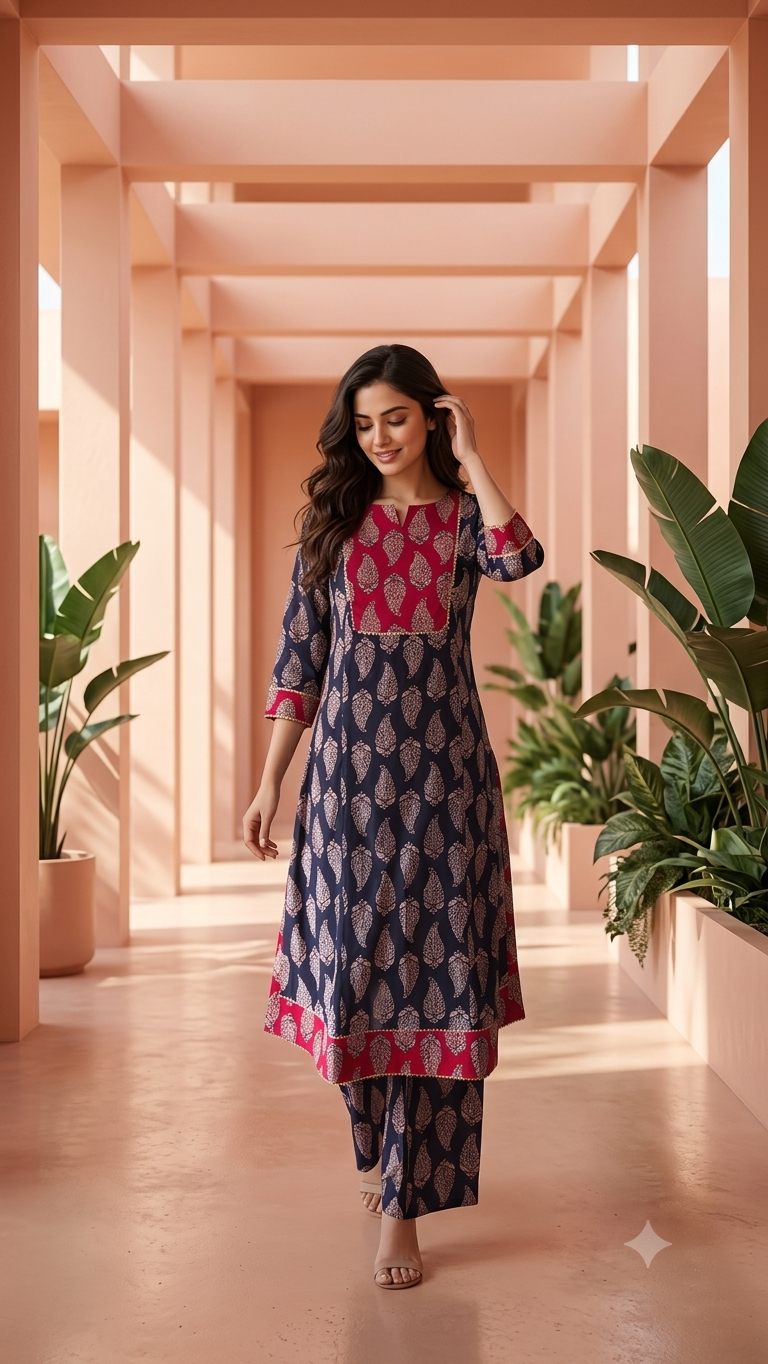 Midnight Blue Ethnic Printed Straight Suit Set