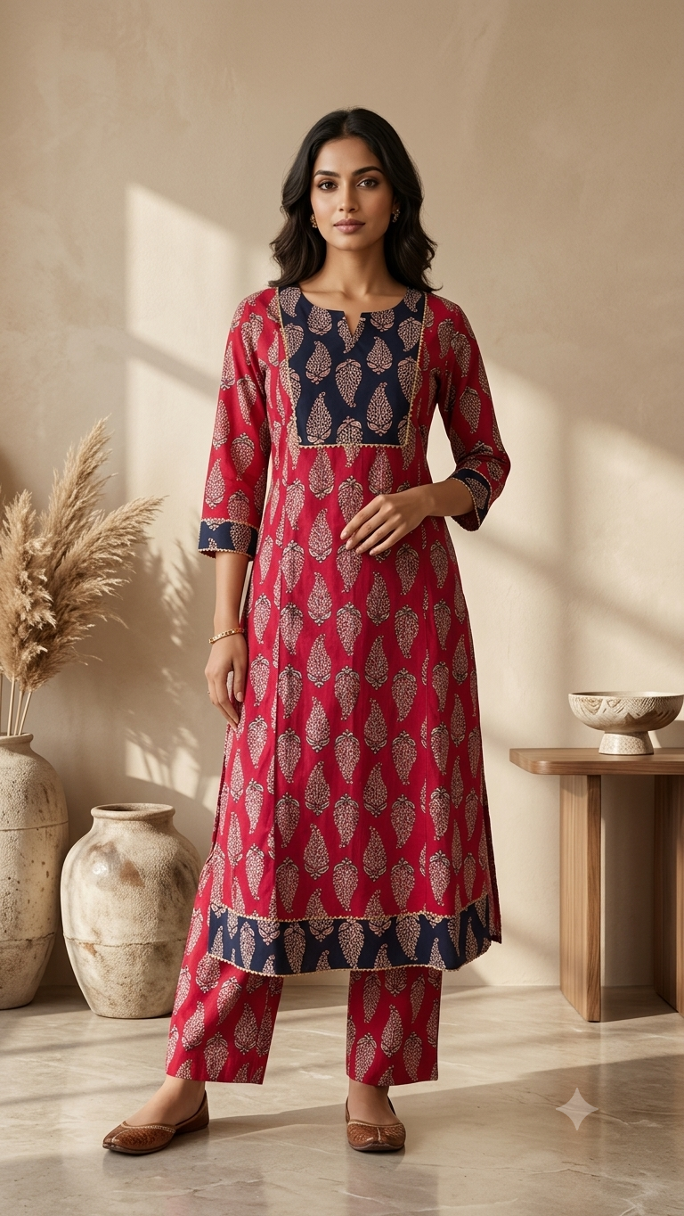 Ruby Red Ethnic Printed Straight Suit Set
