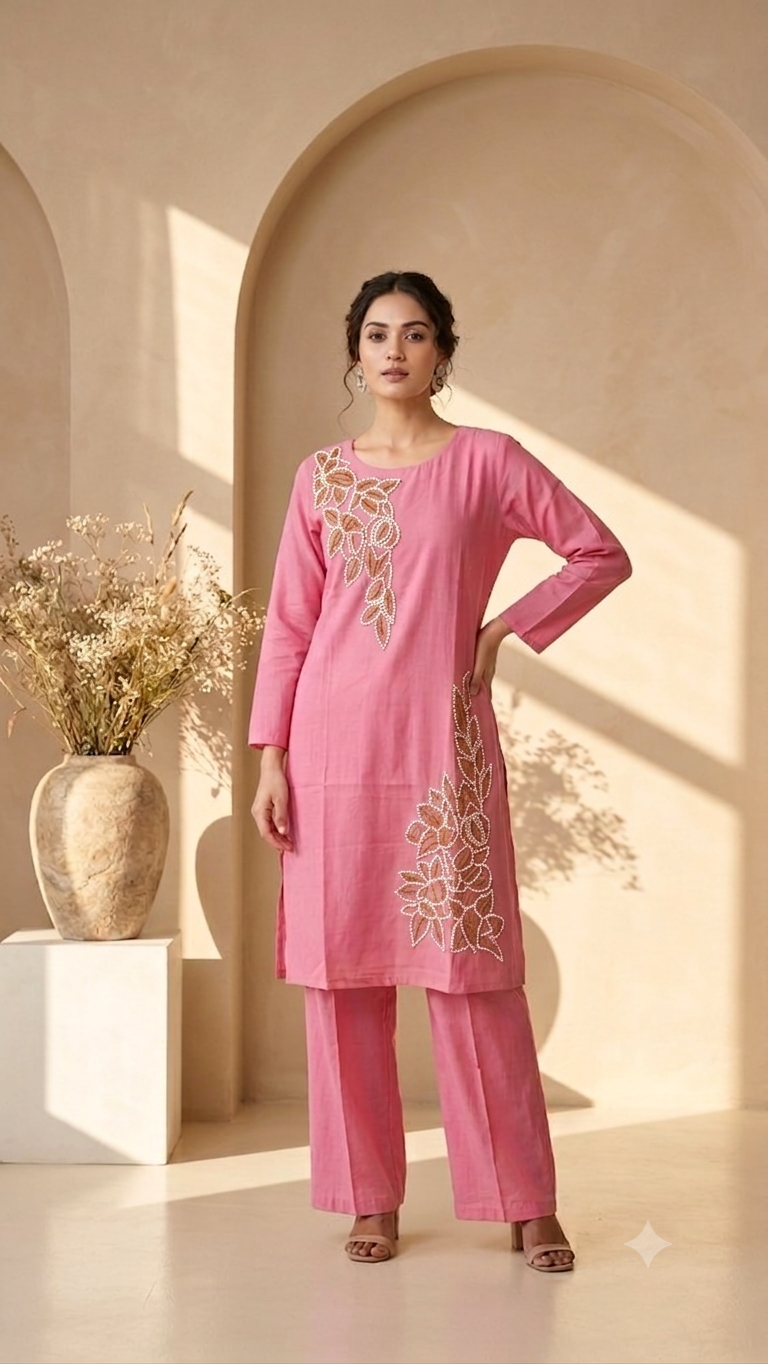 Candy Pink Embroidered Straight Kurta with Trousers