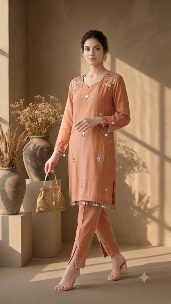 Mirror-Work Straight Kurta with Trousers