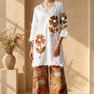 Off-White Appliqué Tunic with Abstract Printed Palazzo