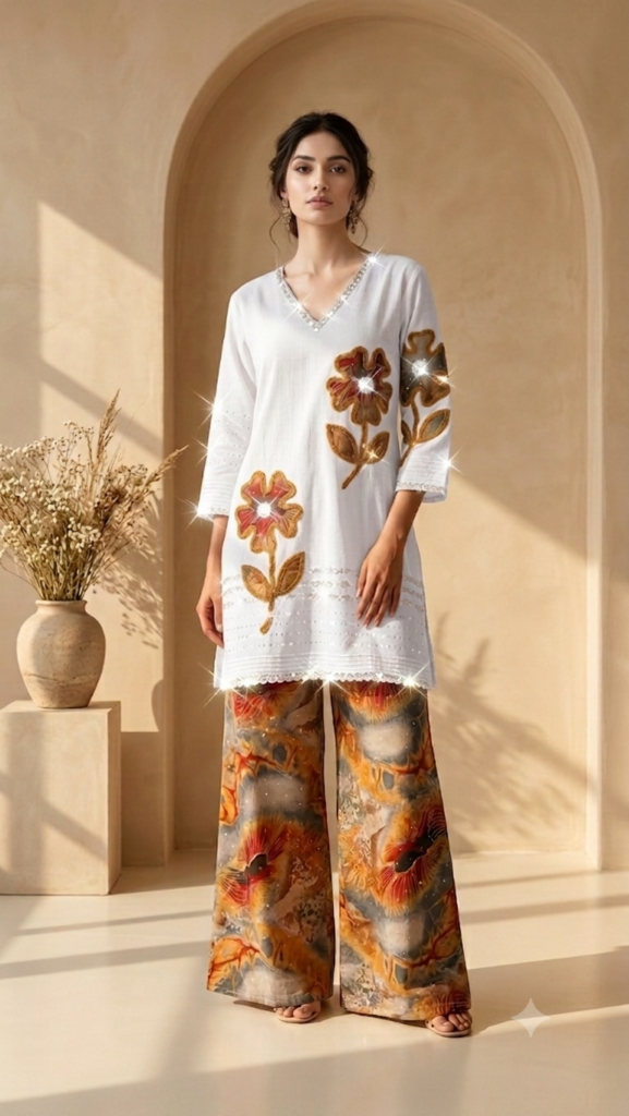 Off-White Appliqué Tunic with Abstract Printed Palazzo