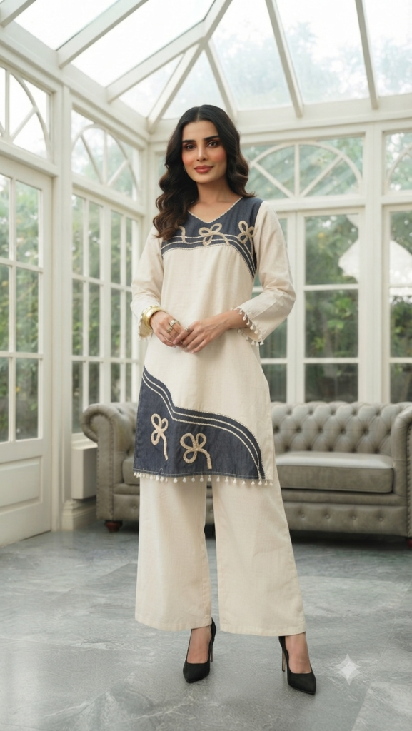 Ivory & Charcoal Black Straight-Cut Co-ord Set
