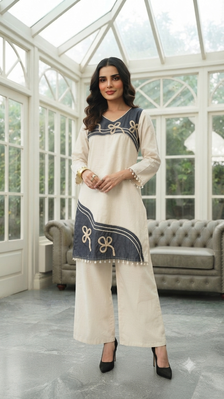 Ivory & Charcoal Black Straight-Cut Co-ord Set